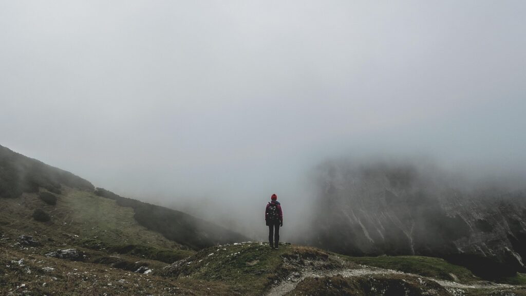 backpacker, mountains, fog, highlands, mountainous, mountain landscape, trail, trek, trekking, backpacking, hiking, alone, solitary, solitude, adventure, cold, foggy, hiker, man, mist, nature, misty