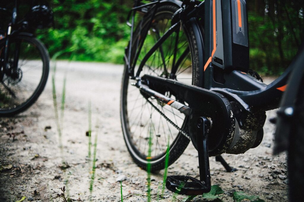 Detailed view of a mountain bike on a gravel path through lush forest foliage.